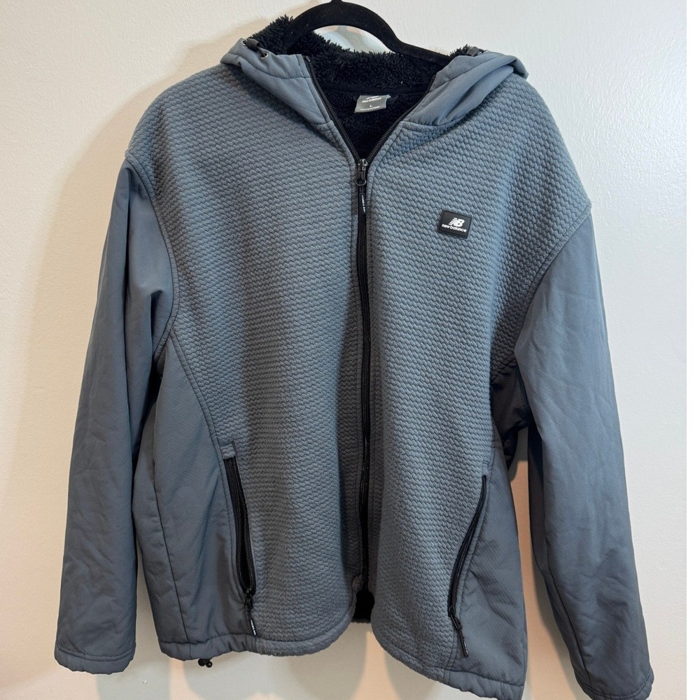 New Balance Mens Gray Sherpa Lined Waffle Knit Full Zip Hooded Jacket Large